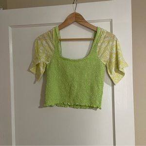 NWT Free People Marigold Mix Print Smocked Short Sleeve Top in Key Lime Combo S